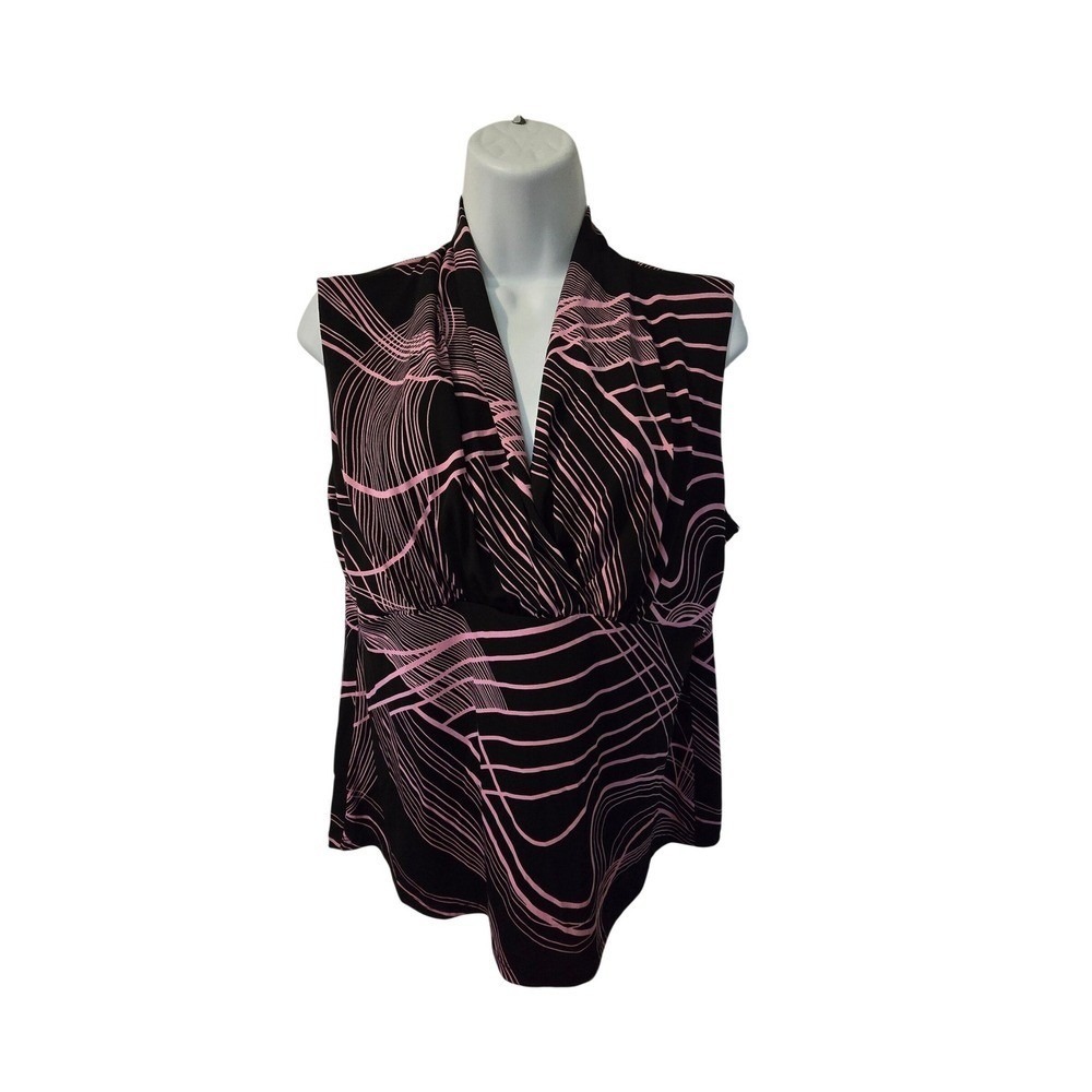 Grayson Black Pink Abstract Swirl‎ Sleeveless Wrap Top Women's Size L /0140